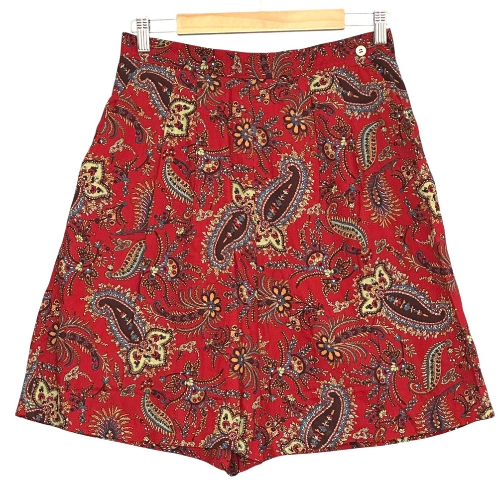 VTG Breeches Women Shorts 29W 8 Red Paisley High Waist Walking Bermuda 80s 90s